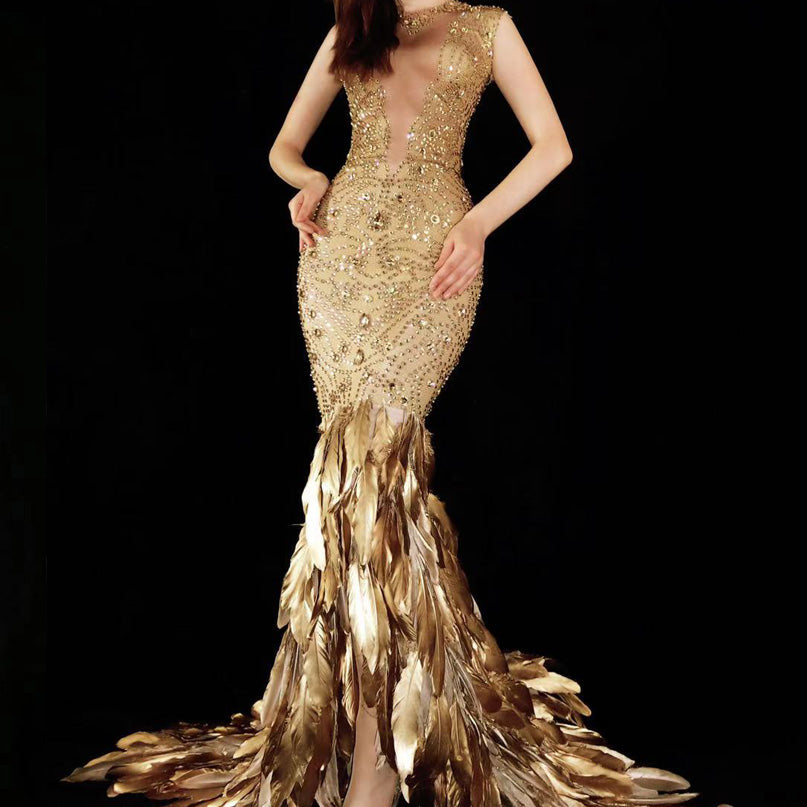 Gold Feather Rhinestone Bag Hip Elastic Evening Dress