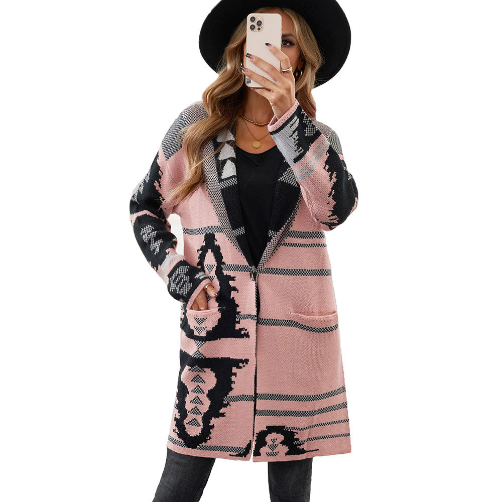 Long Printed Button Cashmere Knitted Cardigan Top Women