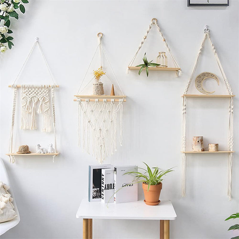 YuPinDiZu Macrame Wall Hanging Shelf Boho Style With Wood Shelf Handmade Macrame Shelf For Hanging Plants And Decor Boho Wall Decor With Beautiful Macrame Rope And Shelf