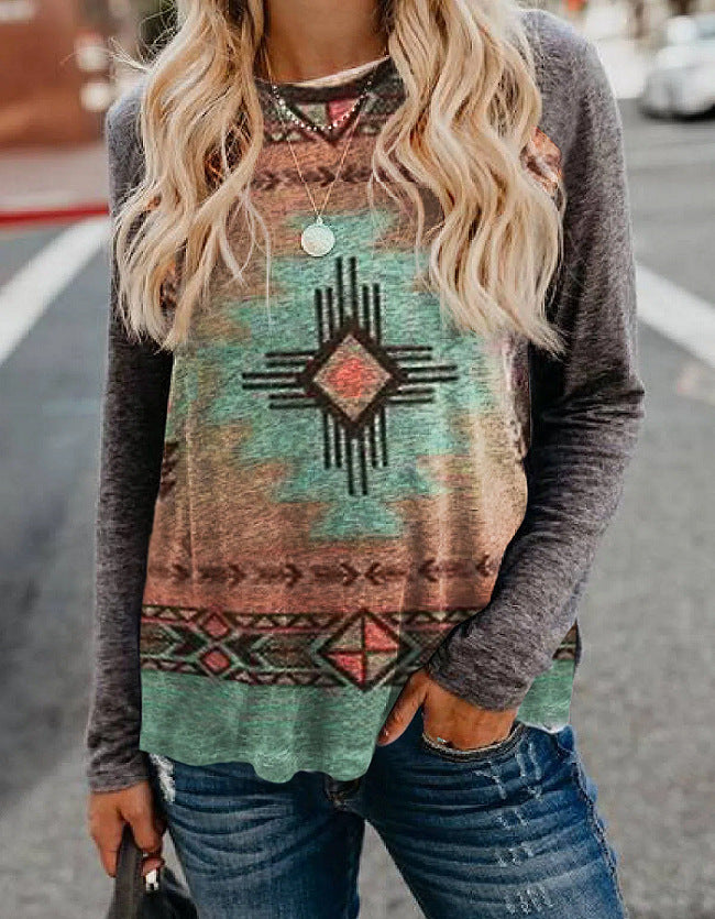 Casual Round Neck Retro Ethnic Print Long Sleeves