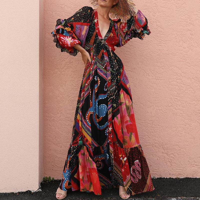 Women's V-Neck Long Sleeve Printed Boho Dress