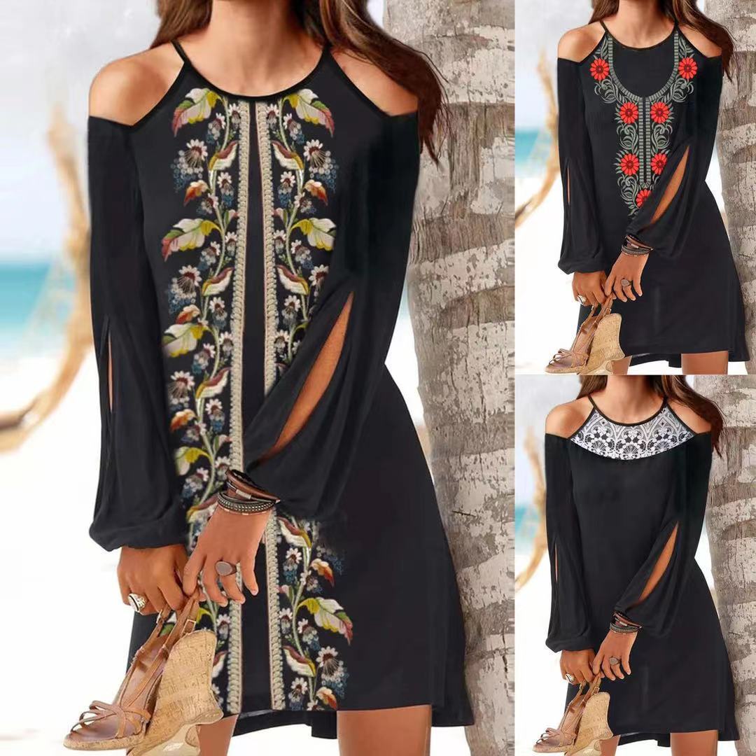 Cutout Off Shoulder Long Sleeve Resort Boho Dress