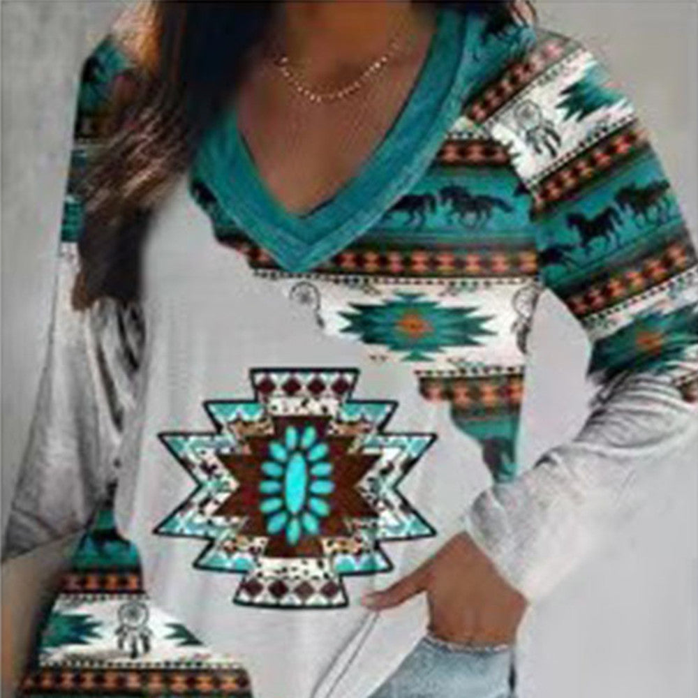 Top Ethnic Orientation Print Long Sleeve T-Shirt Women