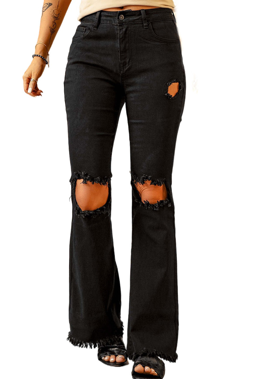 High Waist Ripped Bell Bottom Jeans