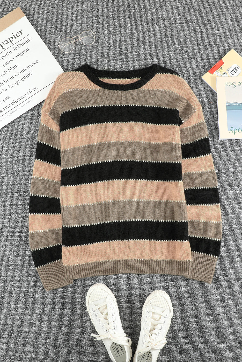 Drop-Shoulder Sleeve Striped Patchwork Pullover Sweater
