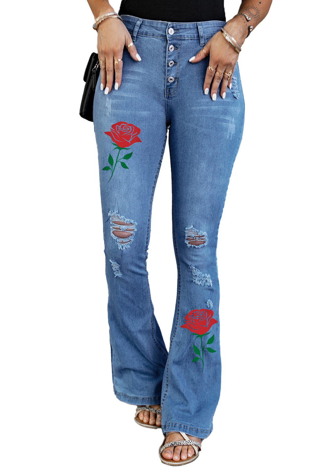 Dark Blue Mid Rise Button Front Flare Denim