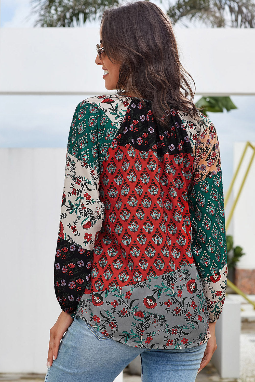 Multicolor Floral Print Peasant Blouse