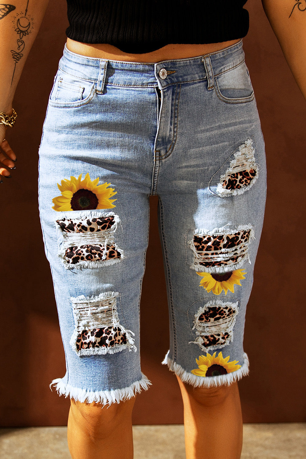 Mid-rise Ripped Camo Patches Denim Bermuda Shorts