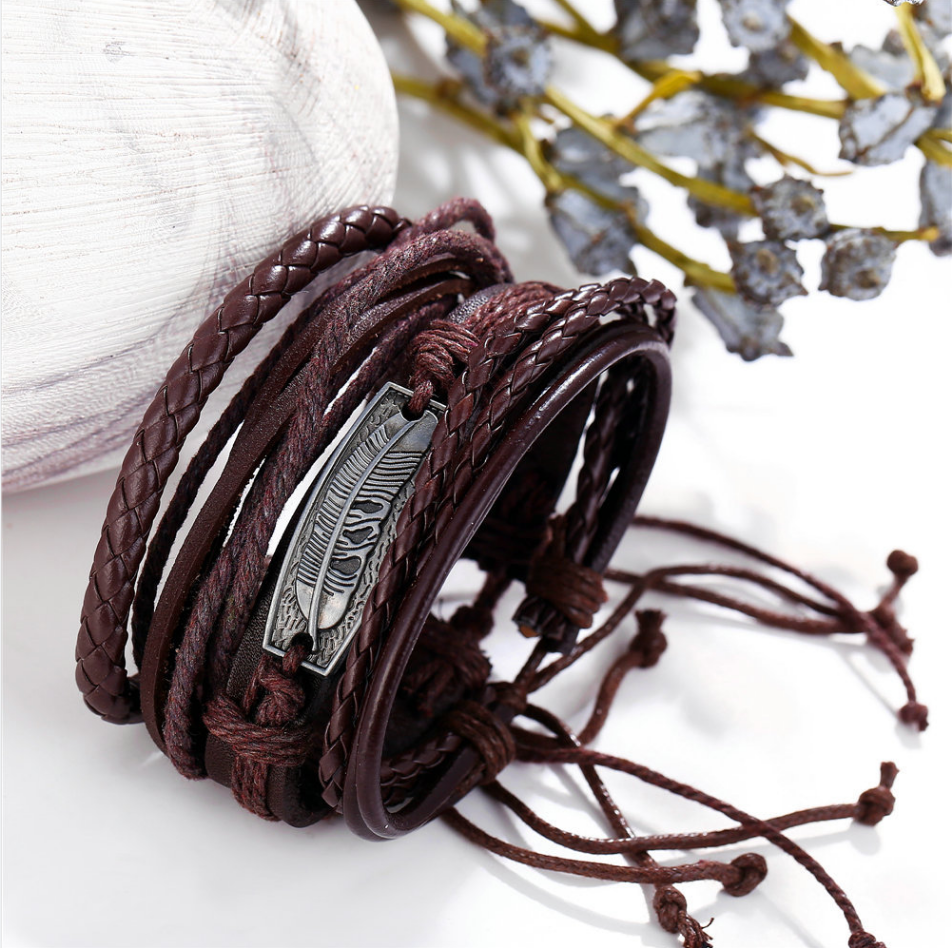 Creative Simple Feather Woven Men's Leather Bracelet