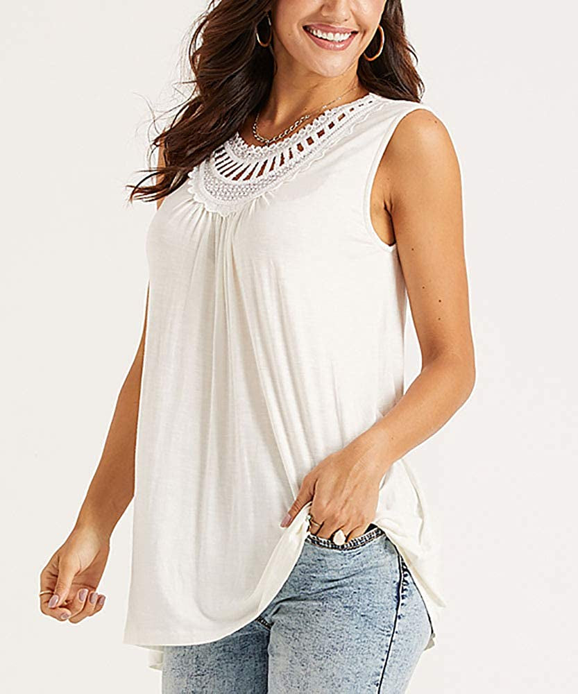 Women'S Sleeveless Tank Tops Crochet Lace Shirts Summer Basic Casual Loose Fit Tees Tunics Pleated Blouses