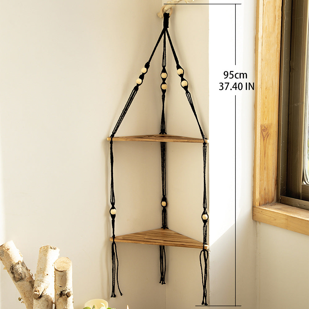 Wooden Wall Hanging Shelves - Macrame Hanging Plant Shelf With Leaf,Boho Storage Floating Shelves Handmade Rustic Hanger Planter Rack Pot Stand Holder