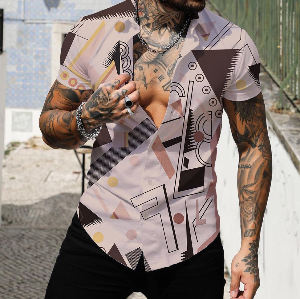 Men's 3D Digital Geometric Printed Short-sleeved Shirt