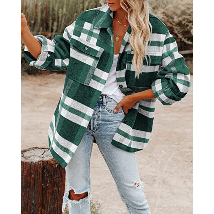 Women's Long Sleeve Lapel Loose Plaid Thickened Wool Jacket