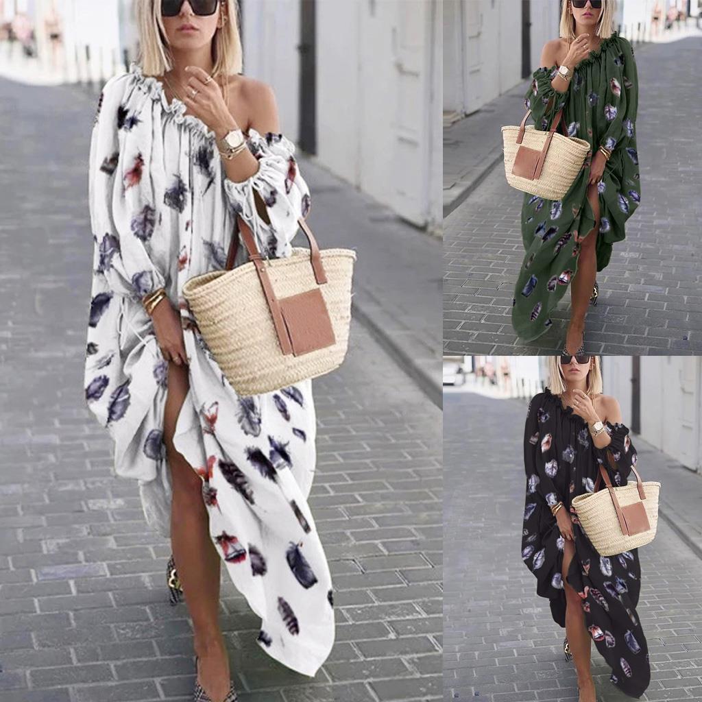 Fashion Feather Print One-Shoulder Swing Dress