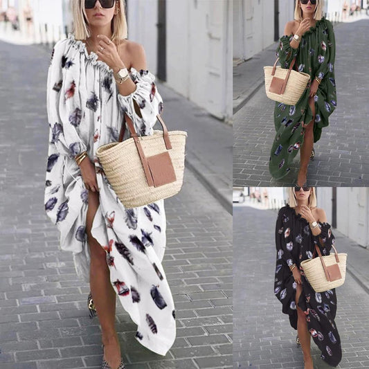 Fashion Feather Print One-Shoulder Swing Dress