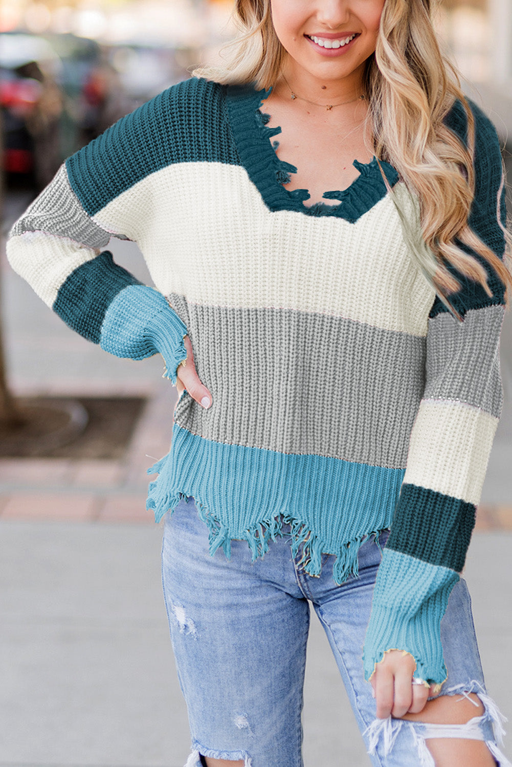 Colorblock Distressed Sweater
