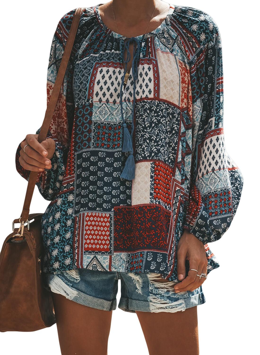 Multicolor Floral Print Peasant Blouse