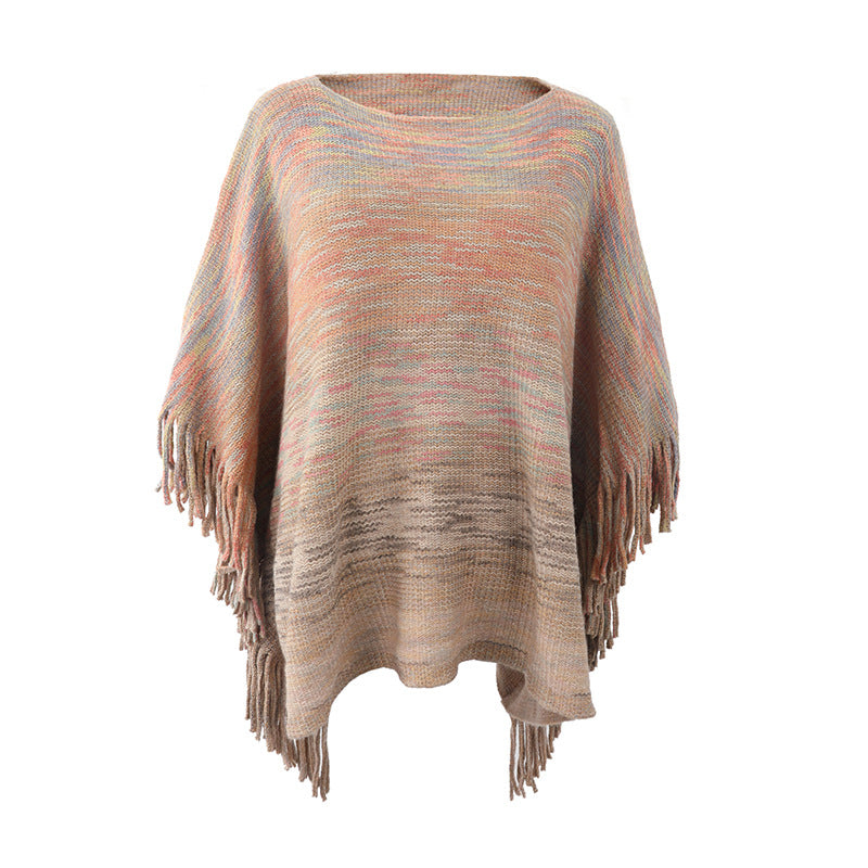 Shawl Cloak Sweater Striped Fringed Hem Coat
