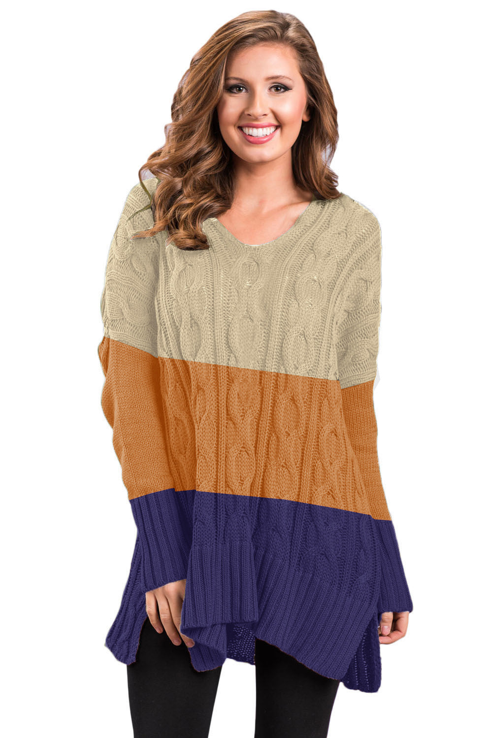 Colorblock Cable Knit Sweater with Slits