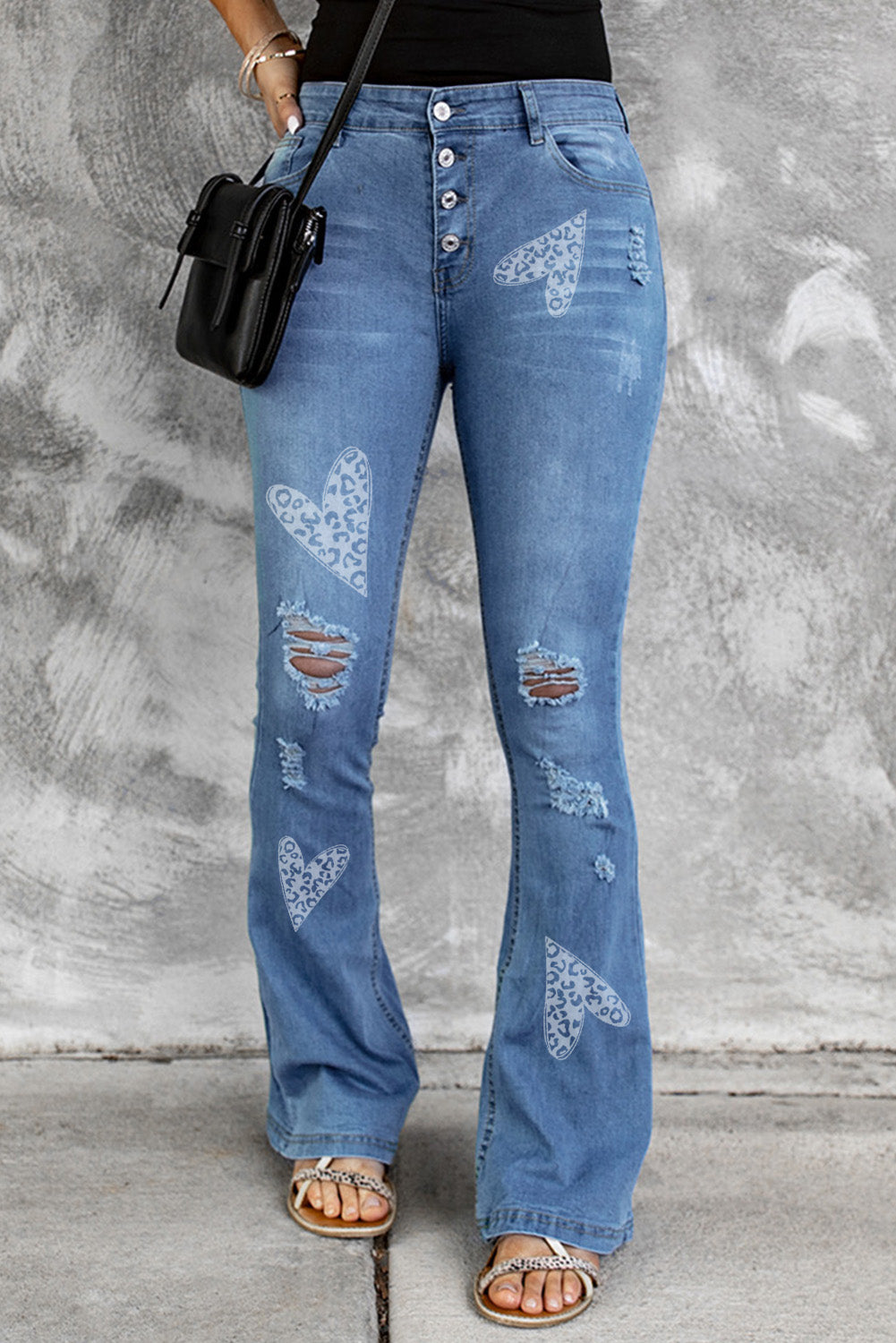 Dark Blue Mid Rise Button Front Flare Denim