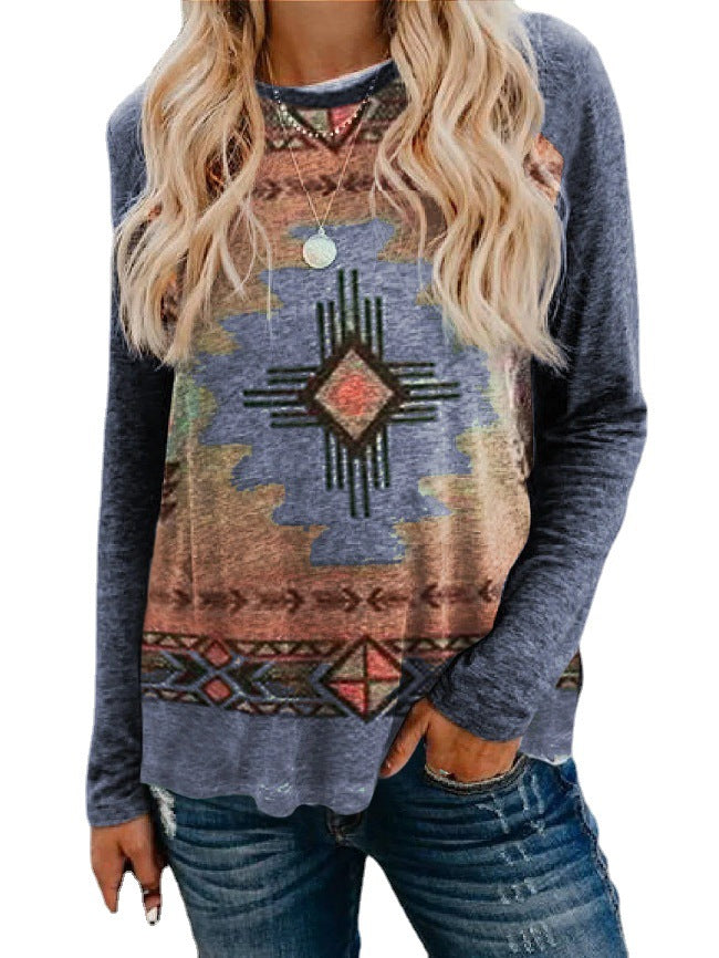 Casual Round Neck Retro Ethnic Print Long Sleeves