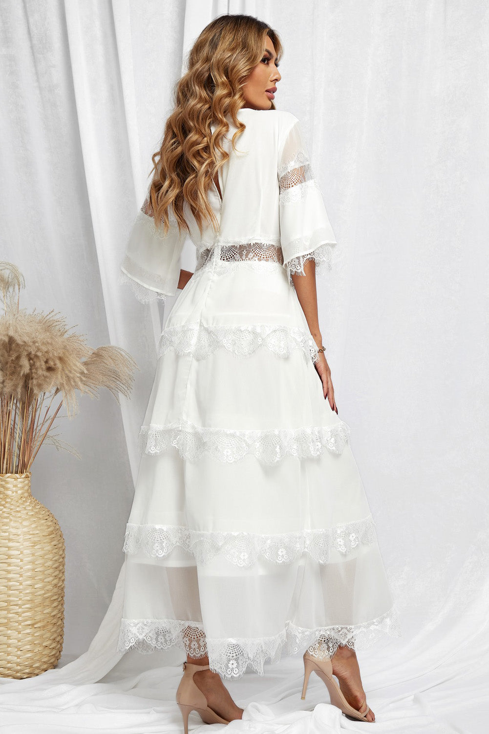 Swiss Dot Print See-through Lace Patch Layered Long Dress
