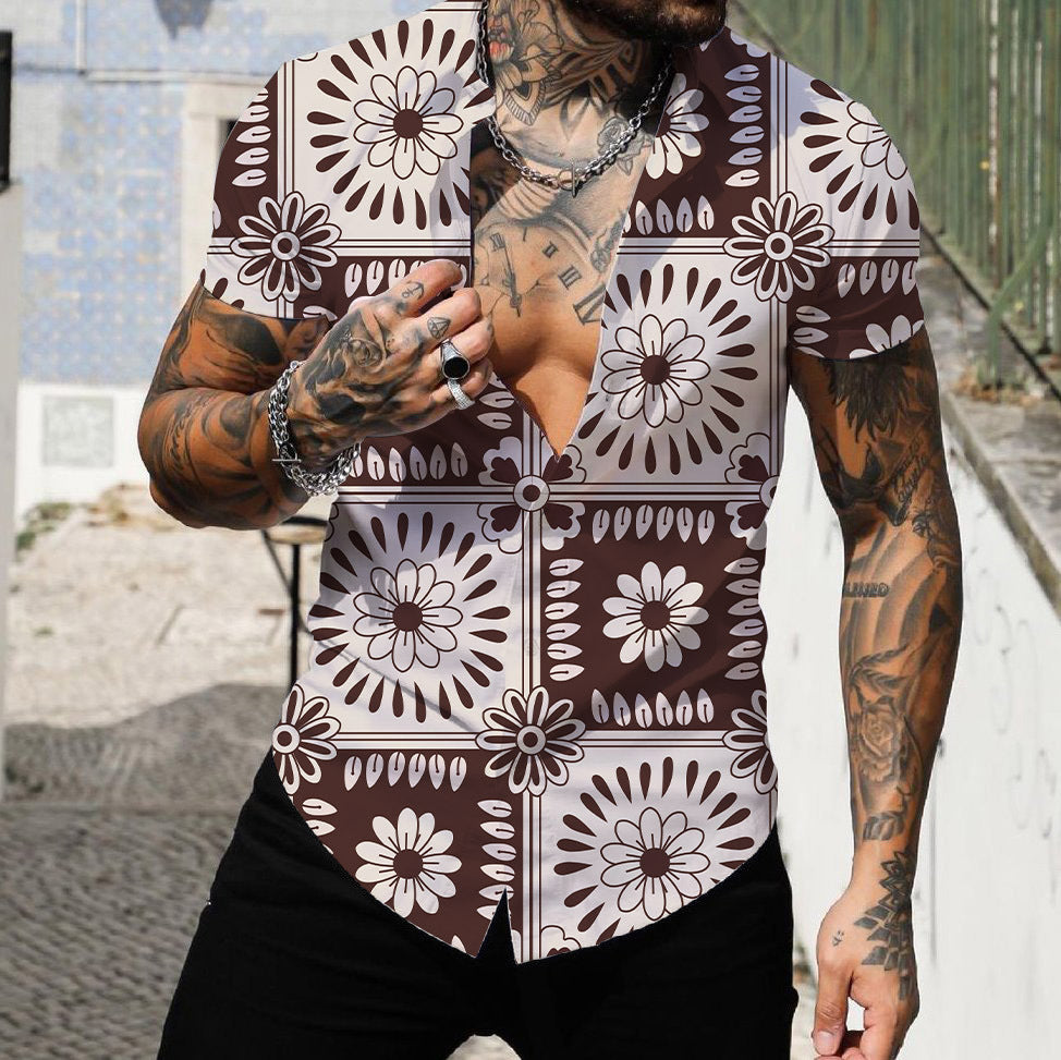 Men's 3D Digital Geometric Printed Short-sleeved Shirt