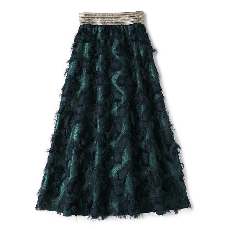 Gold Thread Elastic Waist Long Feather Skirt Skirt