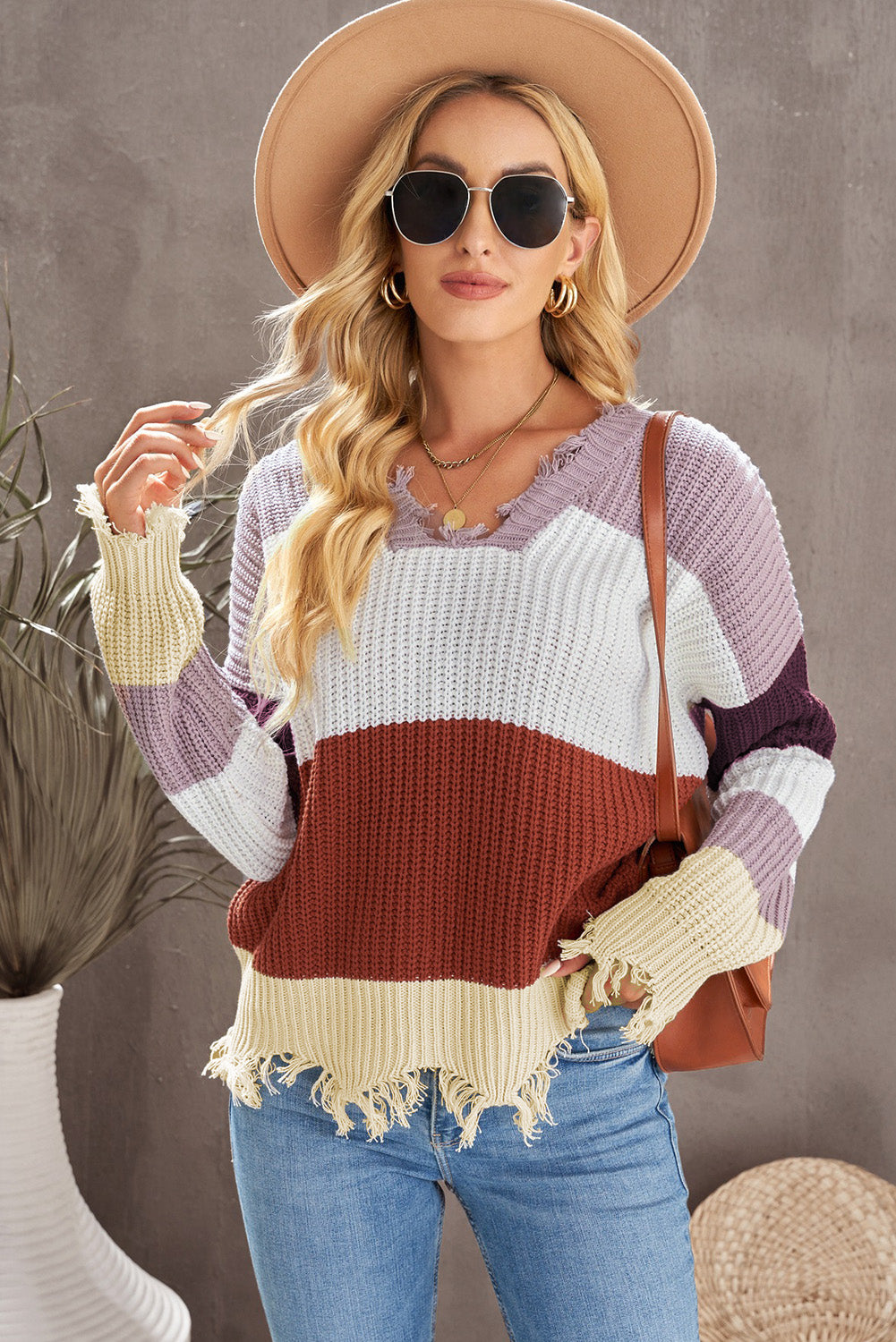 Colorblock Distressed Sweater