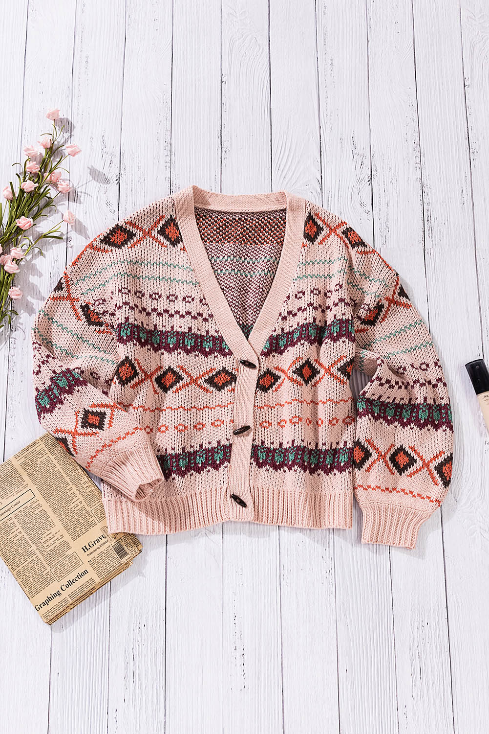 Multicolor Tribal Pattern V Neck Button Front Cardigan
