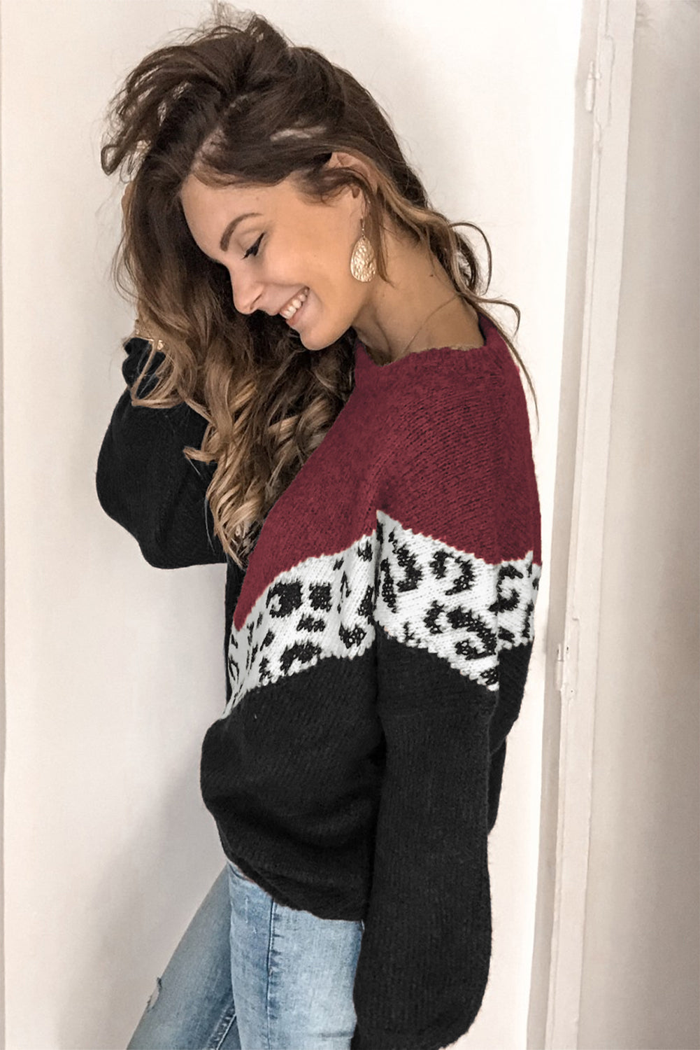 Colorblock Chevron Leopard Pullover Sweater