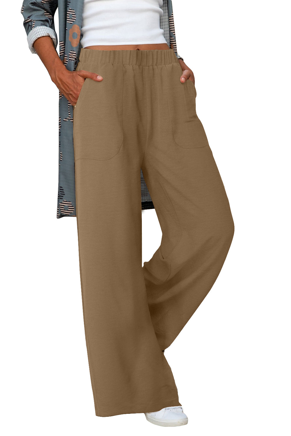 Elastic Waist Pocketed Wide Leg Pants