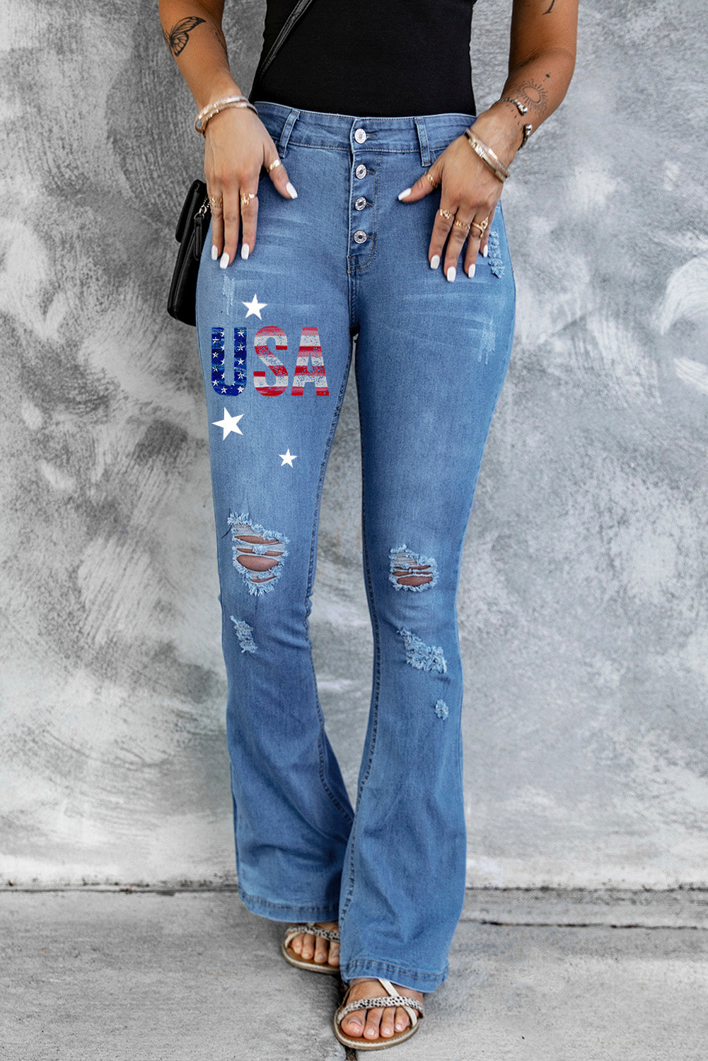Dark Blue Mid Rise Button Front Flare Denim