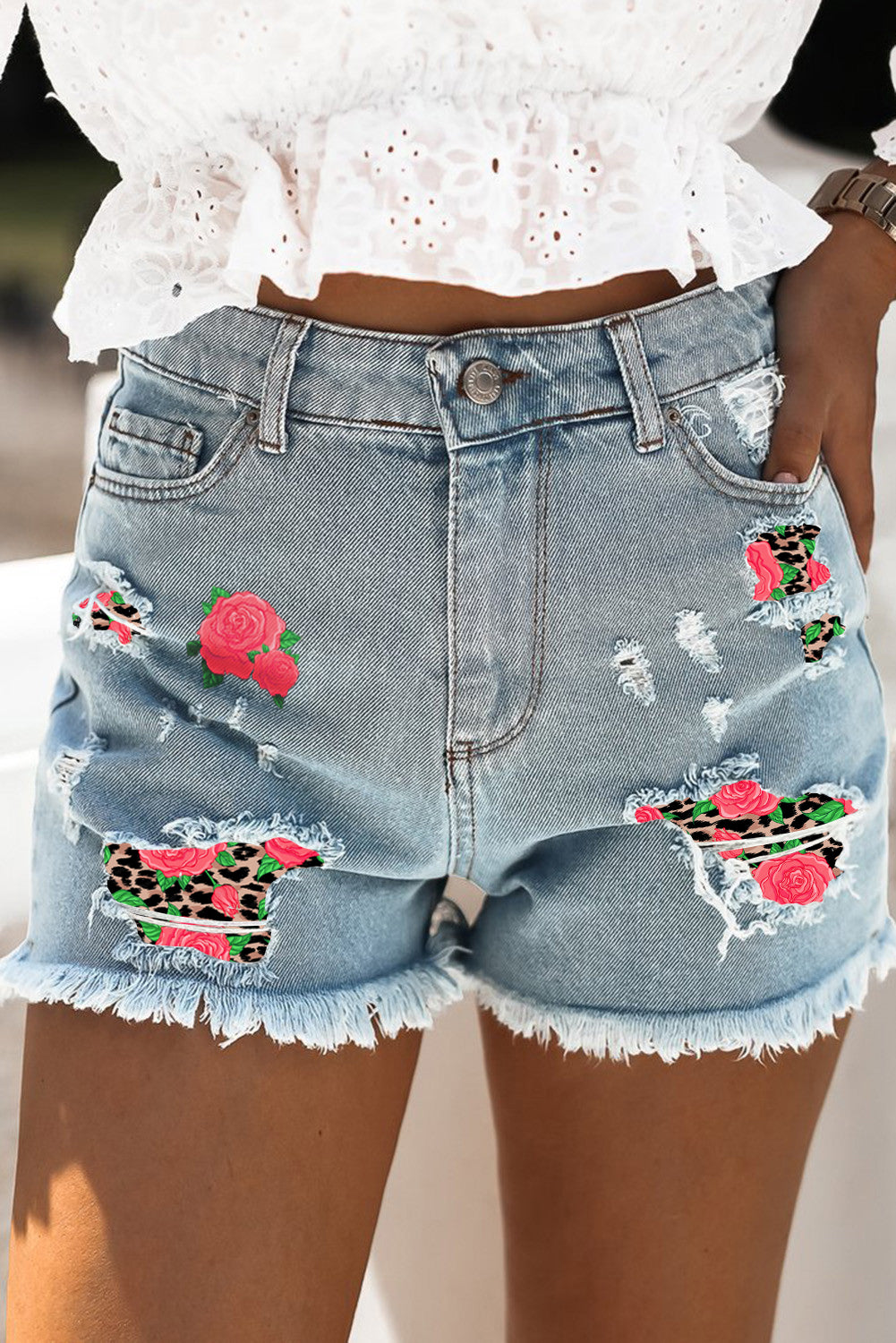 Casual Ripped Raw Hem Denim Shorts