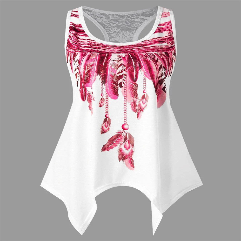 Feather Print Lace T-Shirt Summer Crew Neck Sleeveless Top