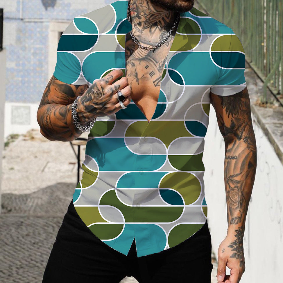 Men's 3D Digital Geometric Printed Short-sleeved Shirt