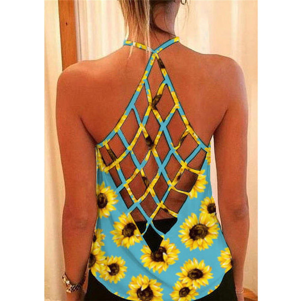 Amazon AliExpress Summer New Printed T-shirt Cross Hollow Back Spaghetti-strap Camisole Top Women In Stock