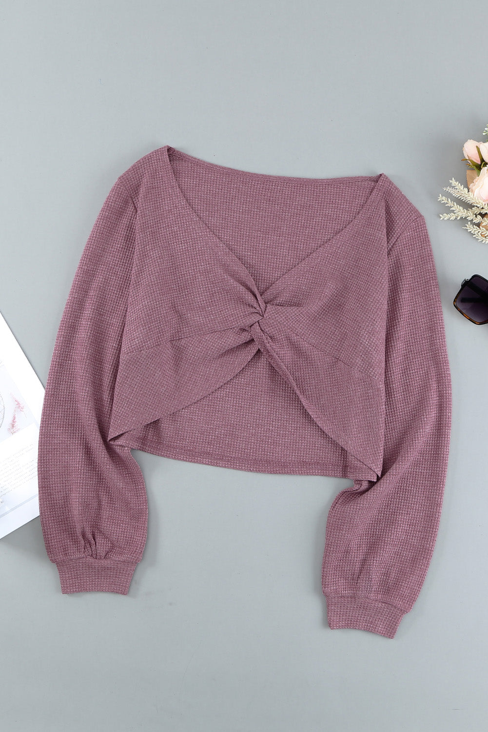 Twist Knot Long Sleeve Waffle Knit Crop Top