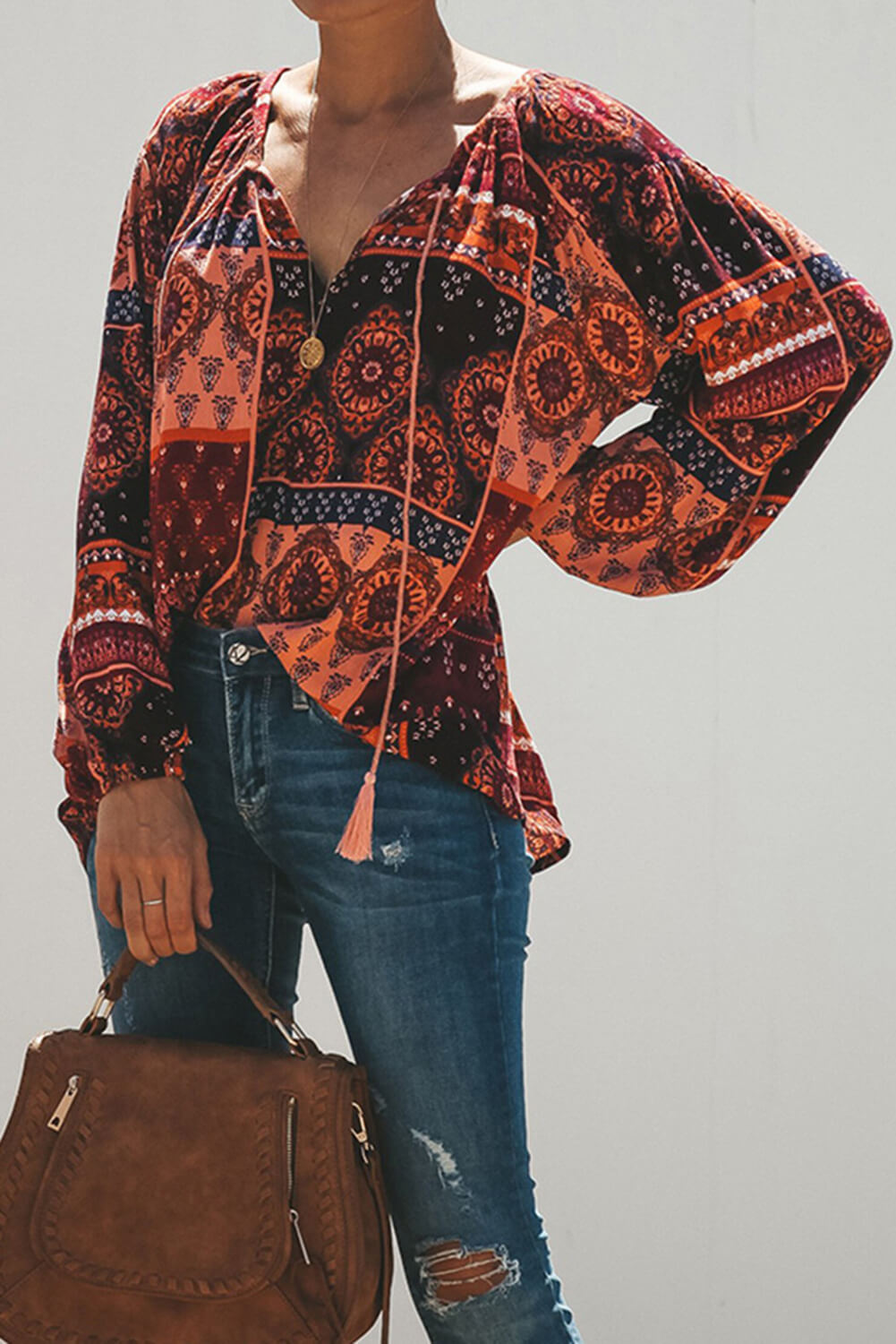 Multicolor Floral Print Peasant Blouse