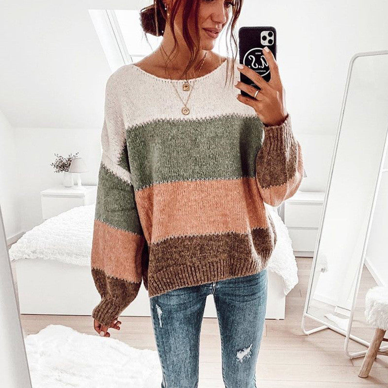 Knit Sweater Top Contrast Color Loose Bottoming Pullover