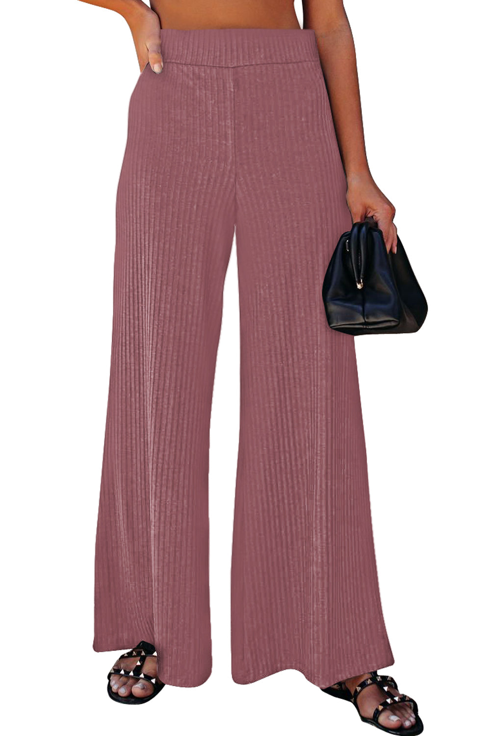 Ribbed Knit High Rise Wide Leg Pants
