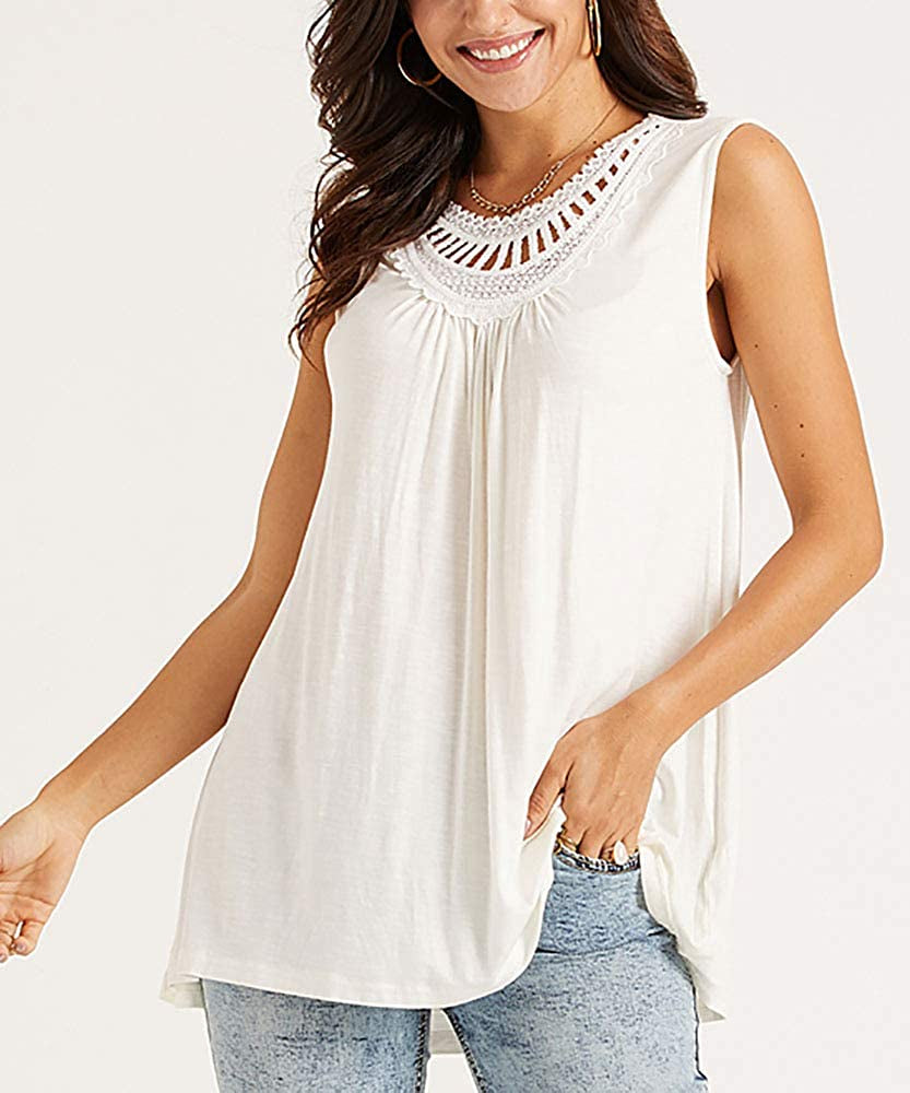 Women'S Sleeveless Tank Tops Crochet Lace Shirts Summer Basic Casual Loose Fit Tees Tunics Pleated Blouses