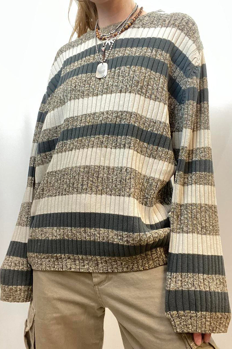 Vintage Contrast Stripe Crew Neck Sweater