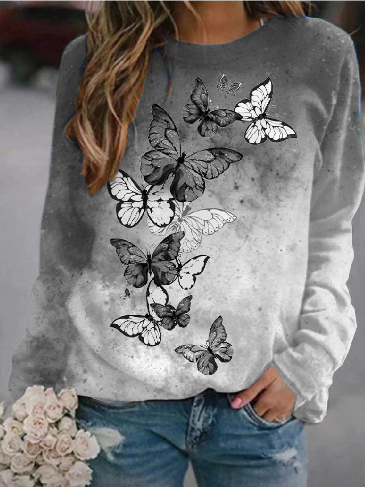 Floral Butterfly Round Neck Long Sleeve Sweatshirt Women T-shirt