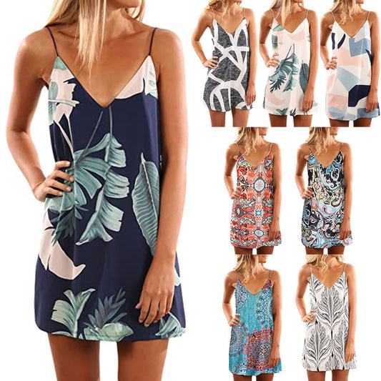 V-neck Suspender Open-back Printed Beach Boho Short Dress Beachwear