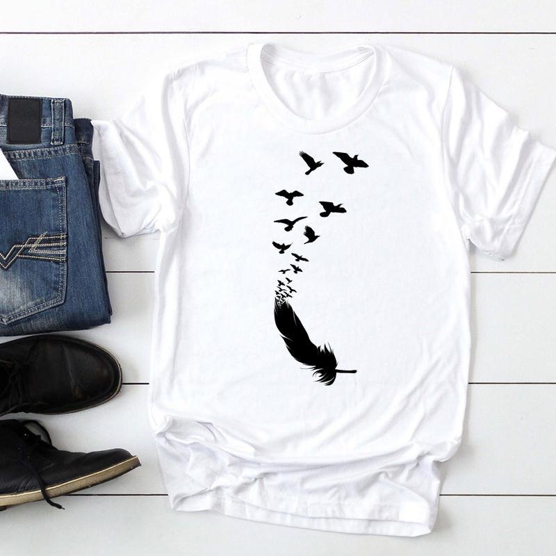 Women's Feather Printed Watercolor Short-sleeved T-shirt