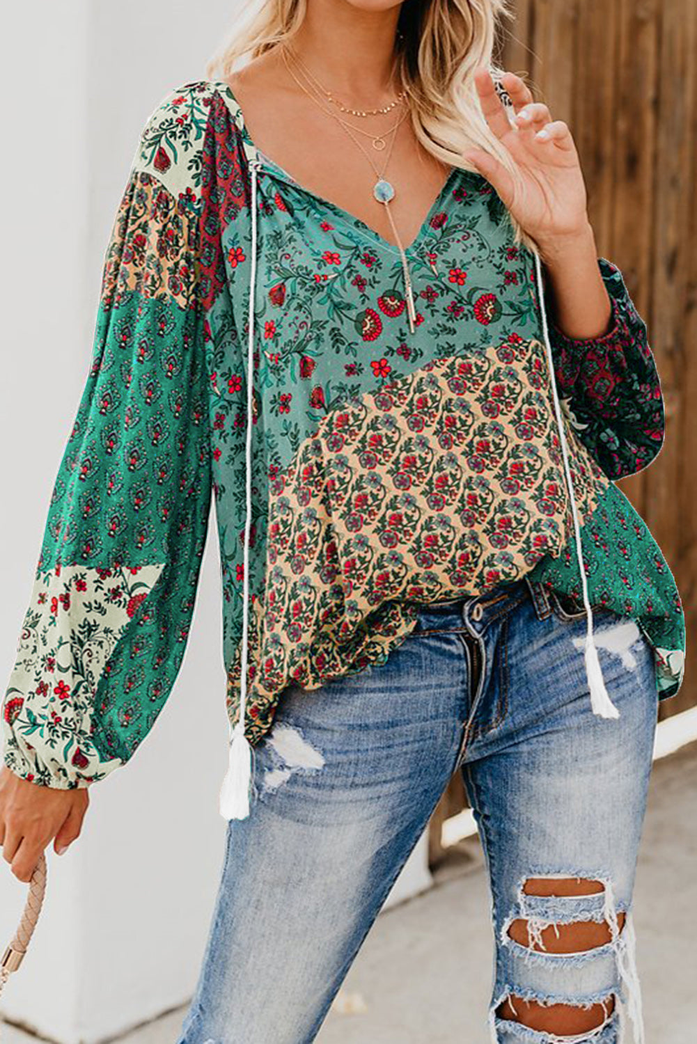 Multicolor Floral Print Peasant Blouse
