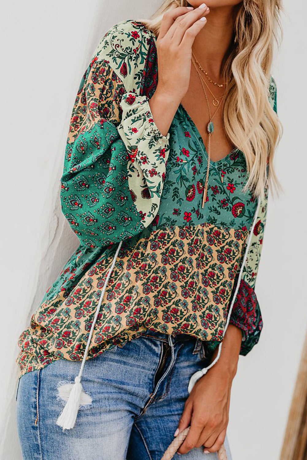 Multicolor Floral Print Peasant Blouse