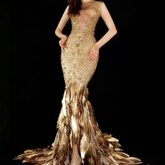 Gold Feather Rhinestone Bag Hip Elastic Evening Dress