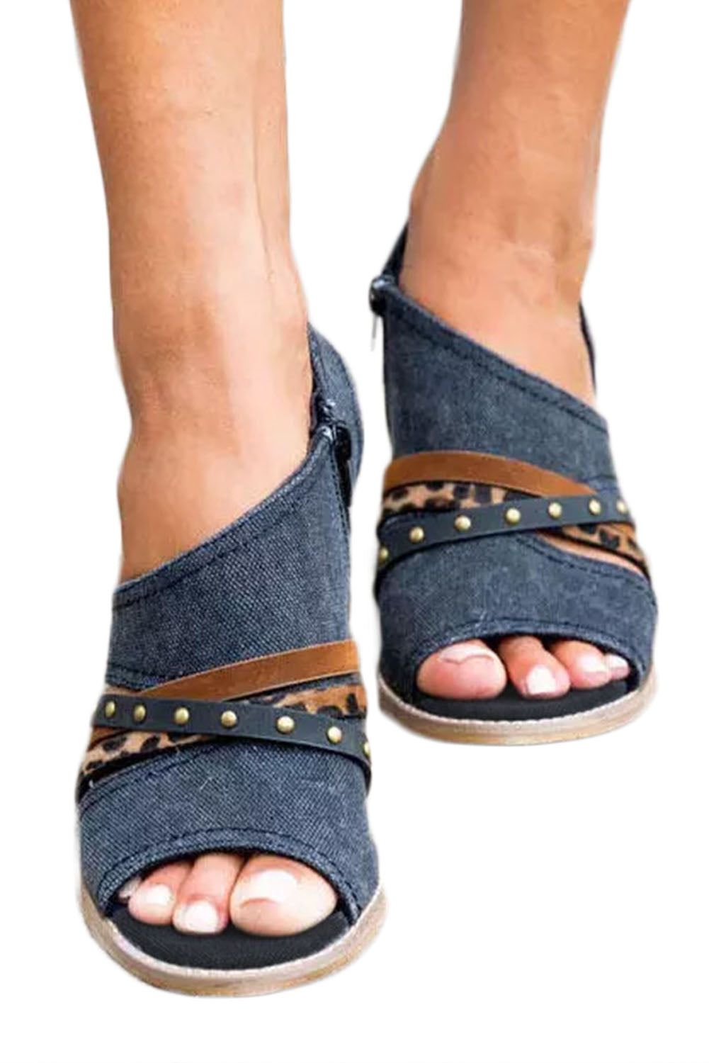 Wedged Rivet Patchwork Peep Toe Denim Sandals